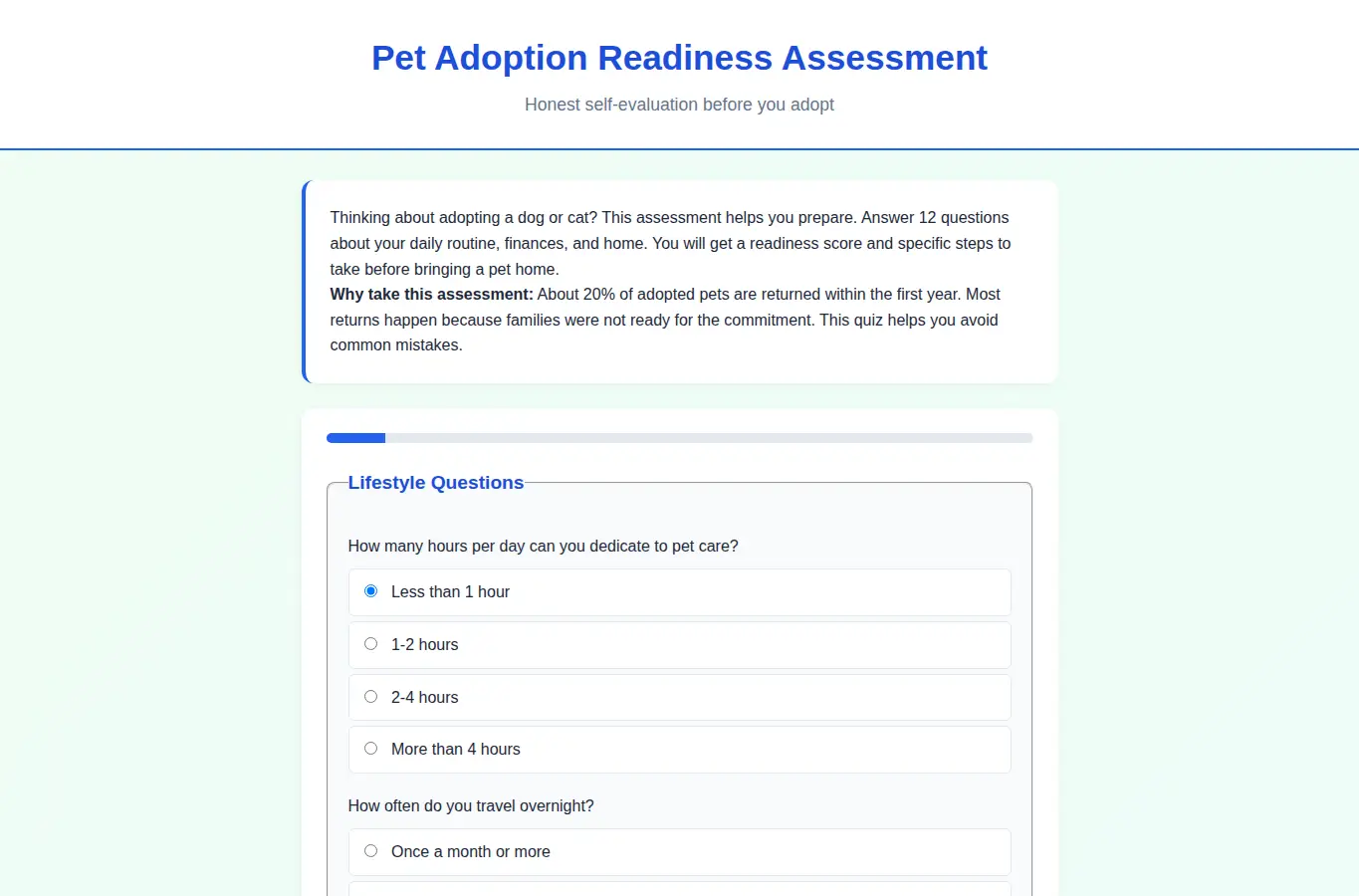 Screenshot of Pet Adoption Readiness Assessment interface showing the project page in use